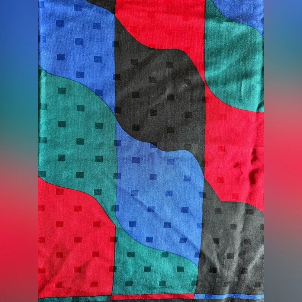 Ginnie Johansen Vintage Silk Scarf 35” Black Blue Green Red Rolled Edges